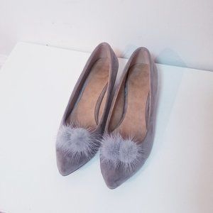 Beige Grey Suede Pointed Toe Flats with Pom Poms